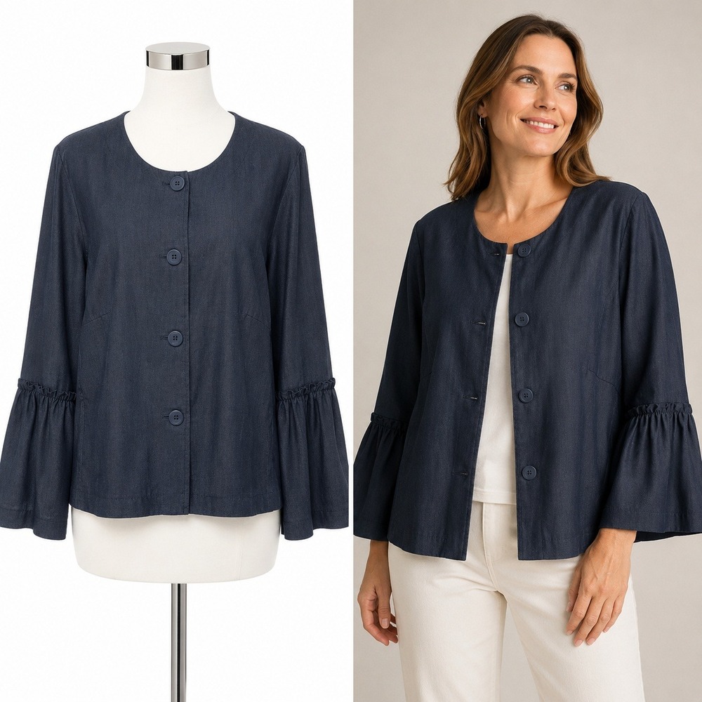 LOFT Outlet Jacket Women XL Gray Bell Sleeve Ruffle Button Front Peplum Topper